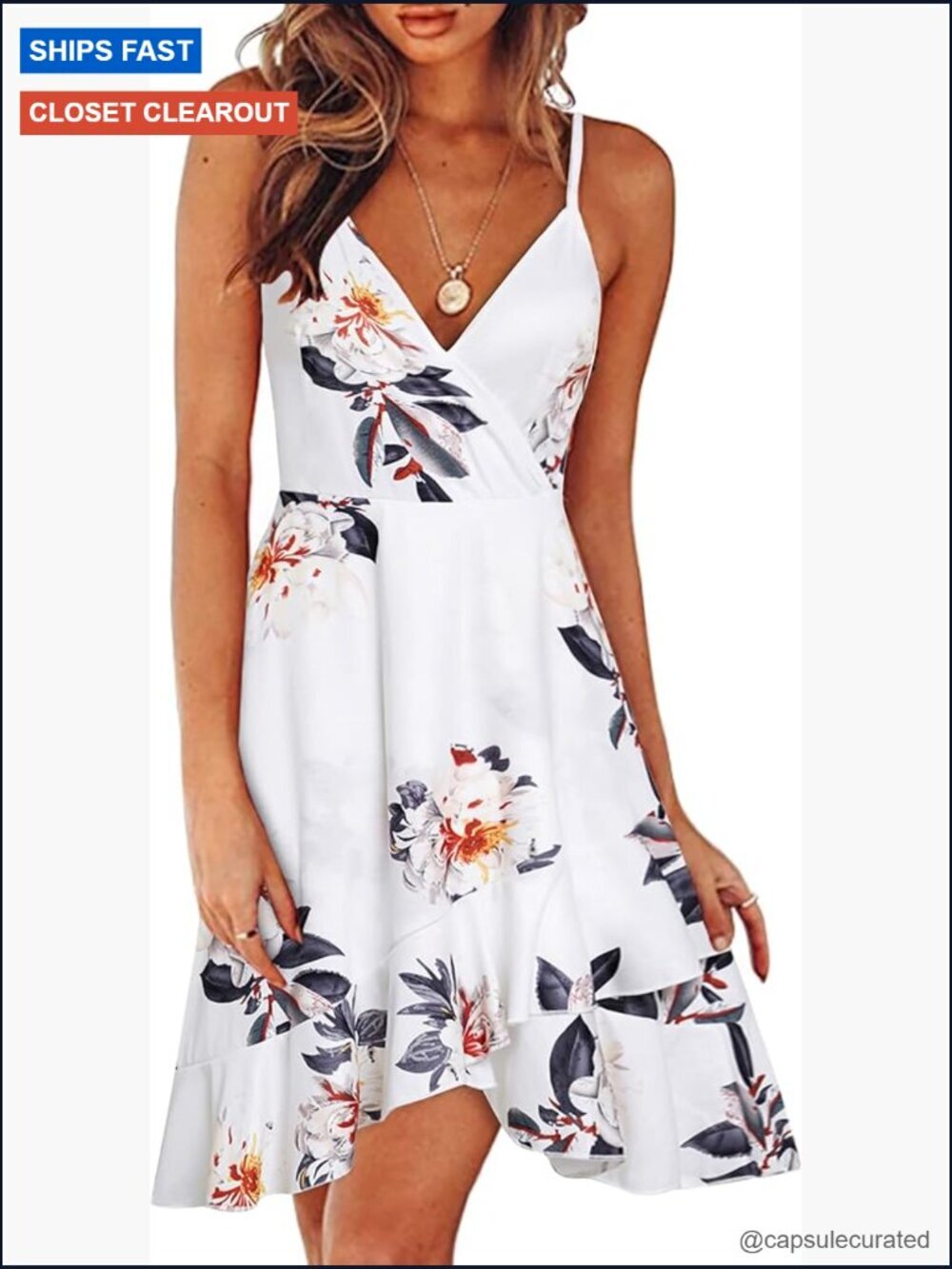 Wrap V-Neck Flowy Mini Dress Spaghetti Strap Ruffled Hem